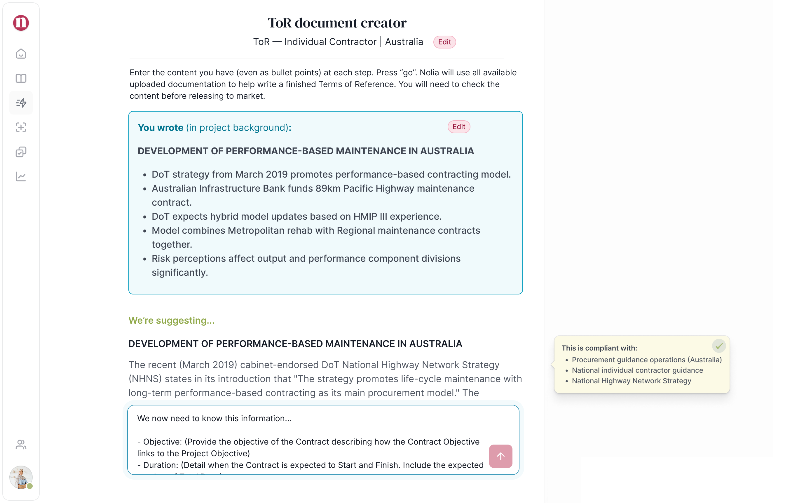Nolia document creator interface